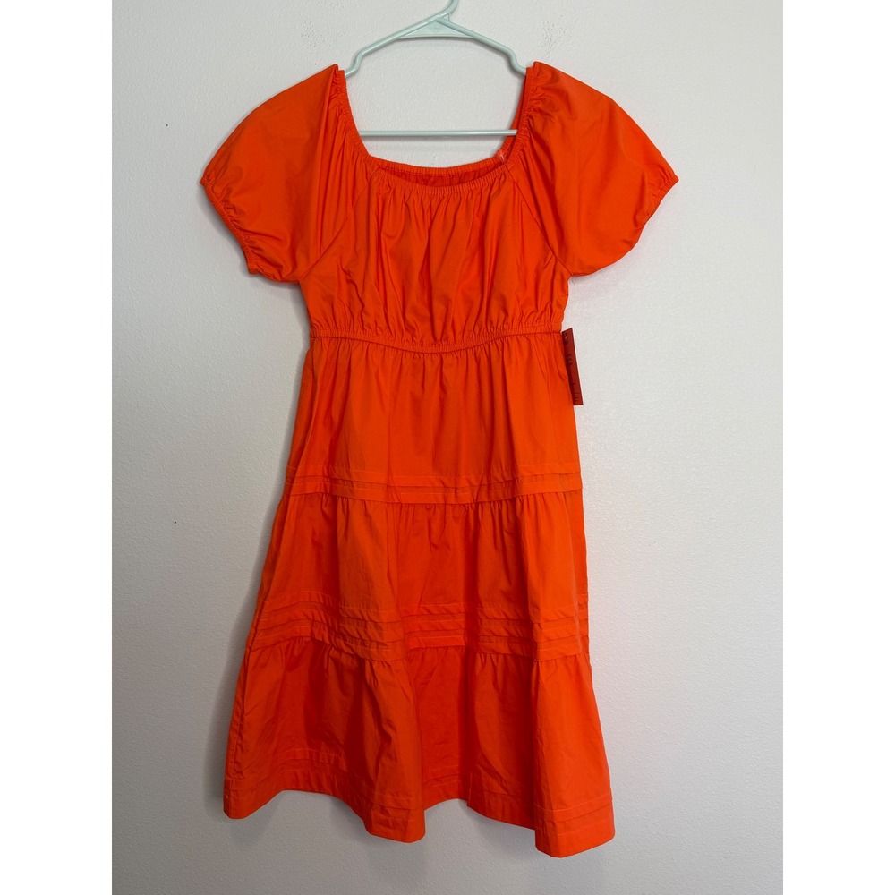 Quince Girls Orange Cotton Tiered Puff Sleeve Dress Size 12 Square Neck NWT